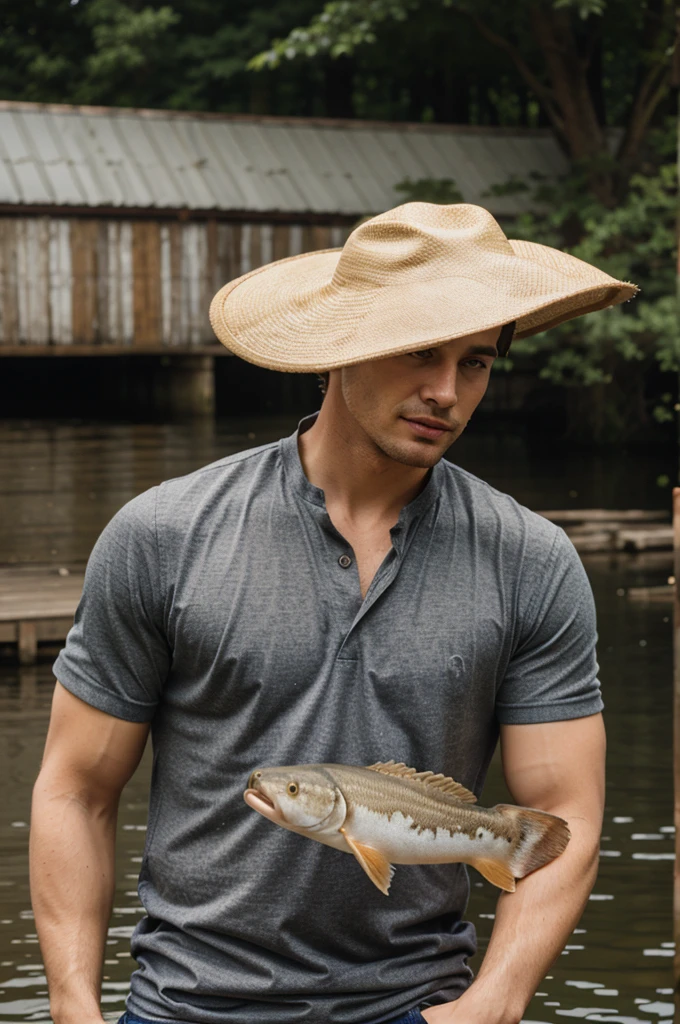 A Handsome Man Wearing a Hat and Holding a Catfish 