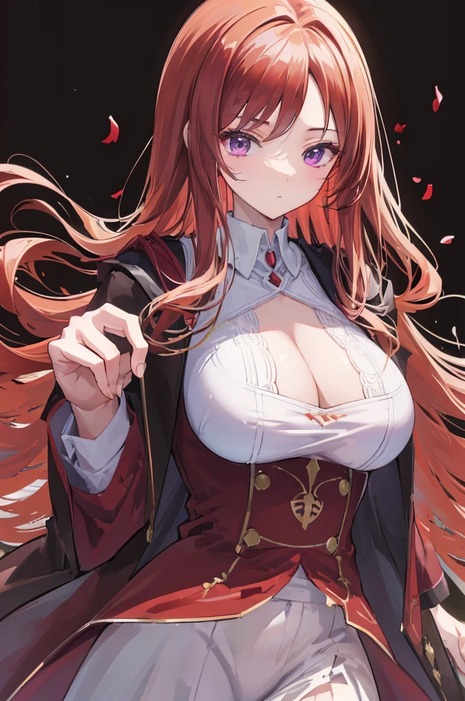 (masterpiece, highest quality:1.2), highest quality, masterpiece, high resolution, Anime style, portraiture, long hair, ash hair, red brown coloured hair, oversized coat, purple eyes, ((big breasts, huge breasts, large breasts)), magic, magic square, magician