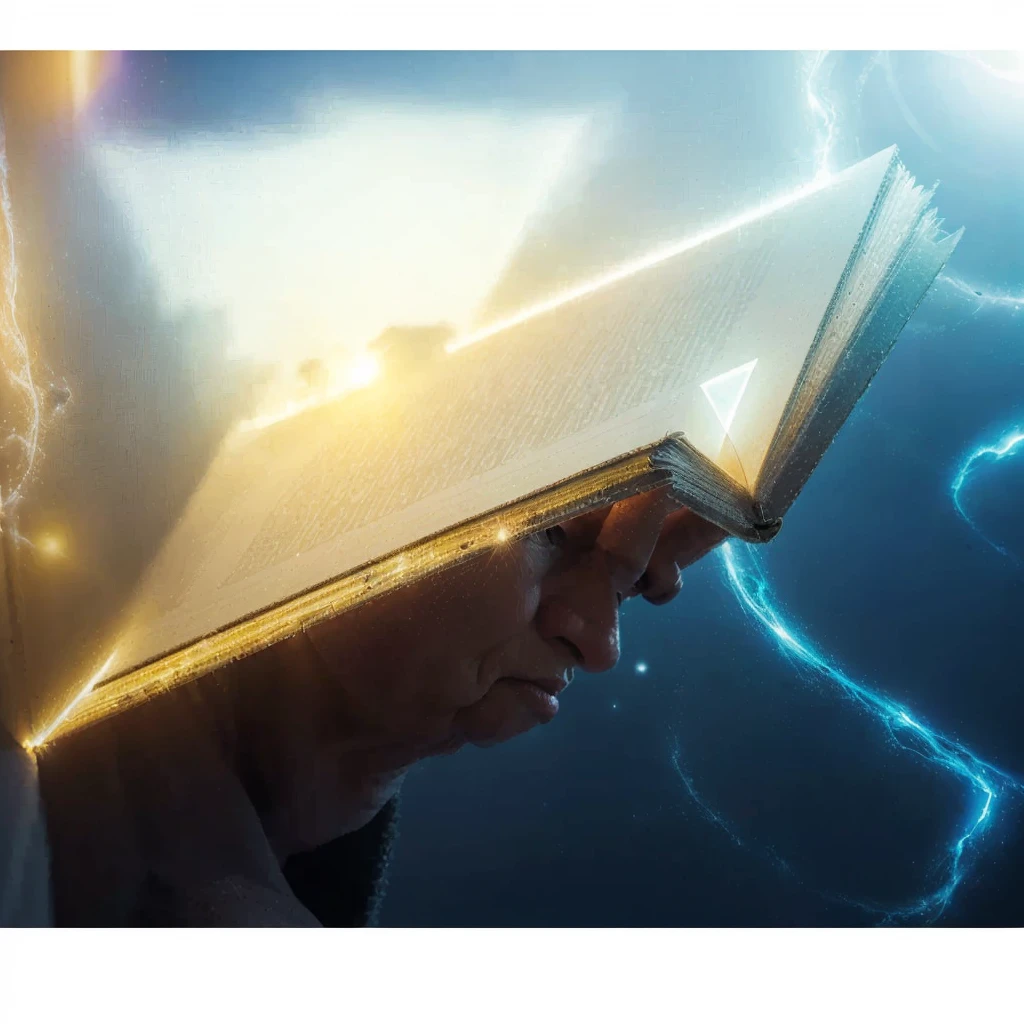 A notebook radiating light is held by the hand of an old man. Photorealism, full view, highly detailed image, very realistic, hyperrealism, Ultra HD, 8k, 5, sharp focus, intricate and mysterious masterpiece. (Long exposure photography Highly detailed close-up portrait art illustration: final quality, medium shot, backlit, Rich and eye-catching. Enigmatic and mysterious manipulations (composition of the rule of thirds), ((detailed environment with strong lines) The best quality, in camera, white light, warm and clean aesthetics, dazzling screen composed of millions of brilliant ultraviolet rays, HDR.
