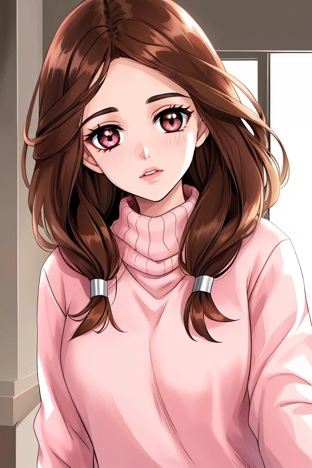 Girl, long brown hair, brown eyes, sharp features, white skin, pink lips, beautiful, perfect, sweater