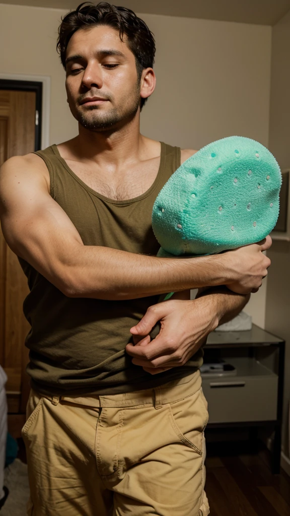 A thirty-year-old man carrying a sponge for his young son to sleep on