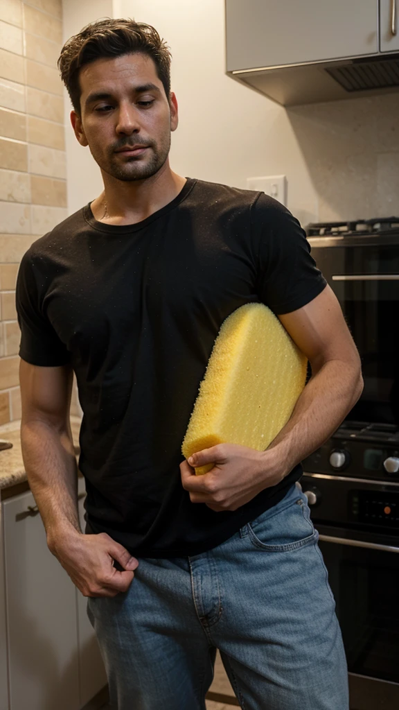 A thirty-year-old man carrying a sponge for his young son to sleep on