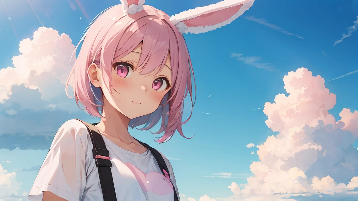 summer, Pink Cloud, Distant sky, High Definition Cute Girl, pastel colour, Fluffy bunny ears, Pink short bob,Pale pink eyes,