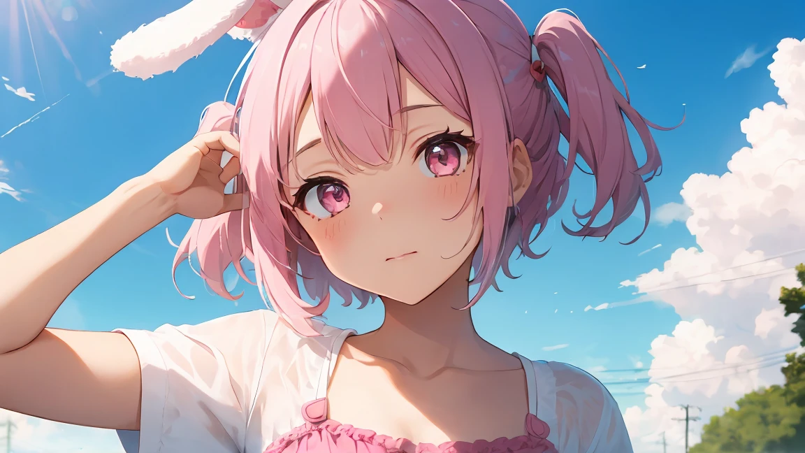 summer, Pink Cloud, Distant sky, High Definition Cute Girl, pastel colour, Fluffy bunny ears, Pink short bob,Pale pink eyes,