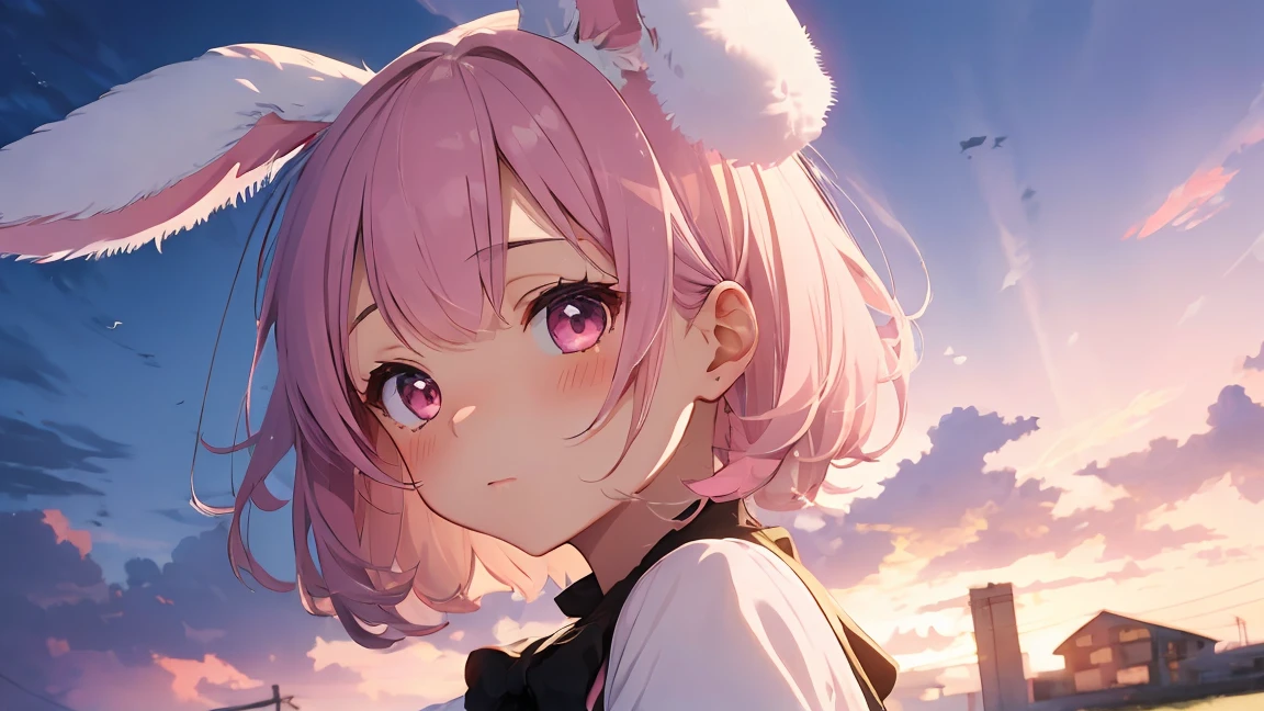 summer, Pink Cloud, Distant sky, High Definition Cute Girl, pastel colour, Fluffy bunny ears, Pink short bob,Pale pink eyes,