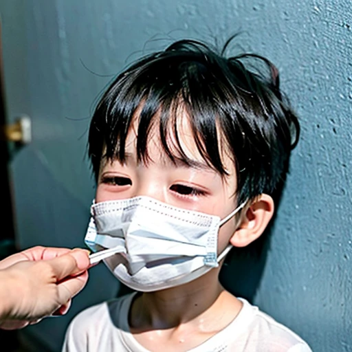 Handsome kindergarten boy with infectious disease、Appearance of suffering. He is wearing a white mask. He has a high fever. he is sleeping. He has a cough. He is exhausted. He is taking his temperature with a thermometer. He is dying. He is cooling his forehead with a cooling gel sheet..Are crying
