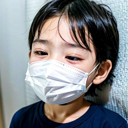 Handsome kindergarten boy with infectious disease、Appearance of suffering. He is wearing a white mask. He has a high fever. he is sleeping. He has a cough. He is exhausted. He is taking his temperature with a thermometer. He is dying. He is cooling his forehead with a cooling gel sheet..Are crying