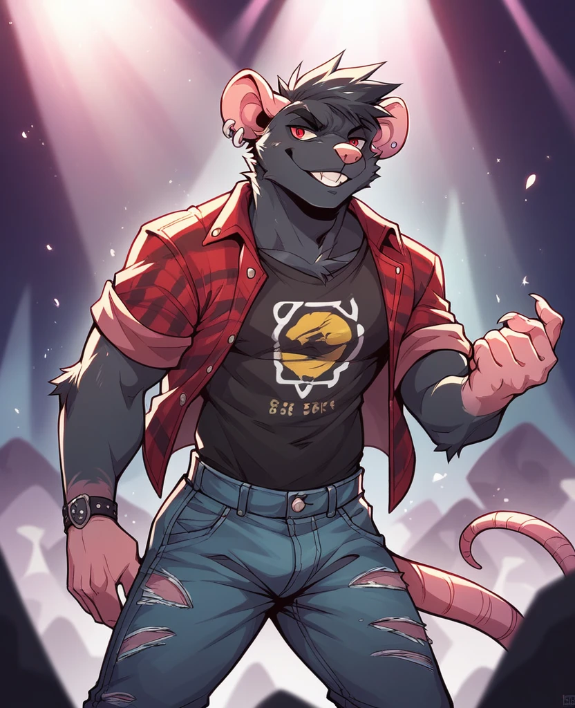 Male, anthropomorphic, rat, black fur, red eyes, grunge clothes, rock concert background, ear piercing