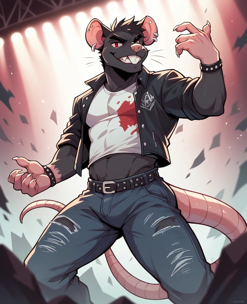 Male, anthropomorphic, rat, black fur, red eyes, grunge clothes, rock concert background, ear piercing