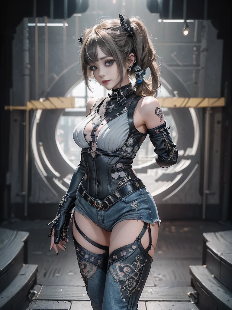 (Full Body View:1.4)、(Side view:1.1)、(Smiling with teeth showing:1.3),(Shibuya Gal:1.5)、(Gothic Lolita style fashion:1.5)、(Punk RockVisual Kei:1.5)、(Wearing a rhythmic gymnastics bodysuit with intricate details:1.4)、(Racing suit and pants with intricate decorations in white, denim and charcoal:1.5)、(Denim and light blue and white boots:1.3)、((belt))、(Numerous delicate logo marks all over the costume:1.4)、(collar:1.3)、(Striped underwear:1.5)、20-year-old、NSFW、((Highest quality、In 8K、masterpiece:1.3))、Sharp focus:1.2、(Layered Cut、Huge boobs:1.1),Beautiful woman with perfect figure:1.4、(Dancing vigorously:1.3)、Slender Abs:1.2、Highly detailed face and skin texture、Detailed eyes、double eyelid,(Twin tails:1.3)、(Brown-golden hair:1.3)、Gravure idol、(The background is the stage of the fashion show:1.3)、(Slim body:1.3),(Make your legs thinner:1.4),(clavicle:1.1)、(Thin and slim thighs:1.3)