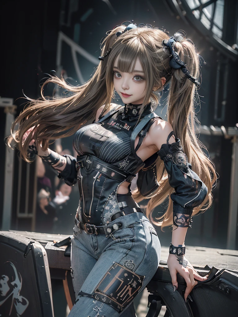 (Full Body View:1.4)、(Side view:1.1)、(Smiling with teeth showing:1.3),(Shibuya Gal:1.5)、(Gothic Lolita style fashion:1.5)、(Punk RockVisual Kei:1.5)、(Wearing a rhythmic gymnastics bodysuit with intricate details:1.4)、(Racing suit and pants with intricate decorations in white, denim and charcoal:1.5)、(Denim and light blue and white boots:1.3)、((belt))、(Numerous delicate logo marks all over the costume:1.4)、(collar:1.3)、(Striped underwear:1.5)、20-year-old、NSFW、((Highest quality、In 8K、masterpiece:1.3))、Sharp focus:1.2、(Layered Cut、Huge boobs:1.1),Beautiful woman with perfect figure:1.4、(Dancing vigorously:1.3)、Slender Abs:1.2、Highly detailed face and skin texture、Detailed eyes、double eyelid,(Twin tails:1.3)、(Brown-golden hair:1.3)、Gravure idol、(The background is the stage of the fashion show:1.3)、(Slim body:1.3),(Make your legs thinner:1.4),(clavicle:1.1)、(Thin and slim thighs:1.3)