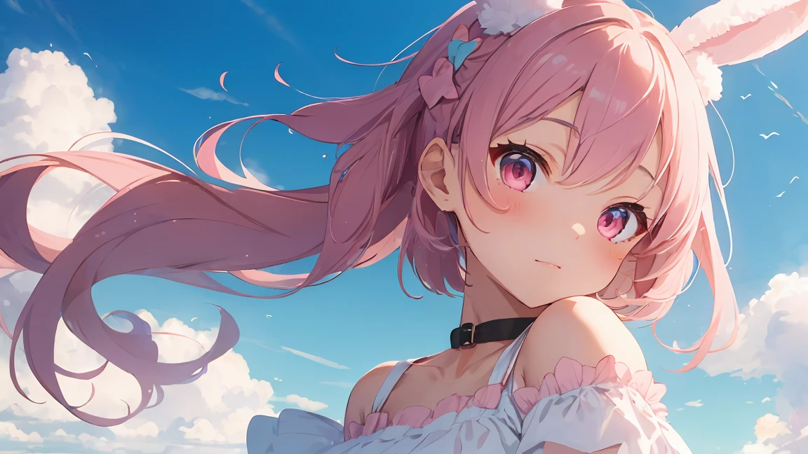 summer, Pink Cloud, Distant sky, High Definition Cute Girl, pastel colour, Fluffy bunny ears, Pink short bob,Pale pink eyes,