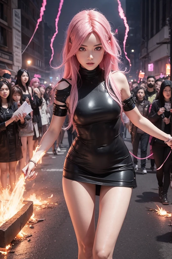 Draw a girl with pink hair leading people to hell