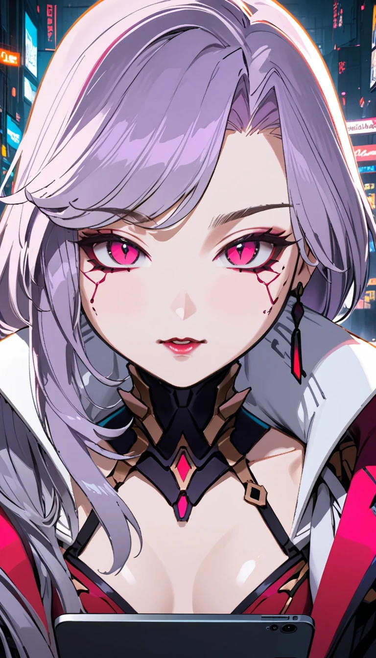 (masterpiece, best quality:1.2), 1girl, solo, Sonata, cyberpunk vampire with Palia, purple hair, in hads white tablet screen to viewer