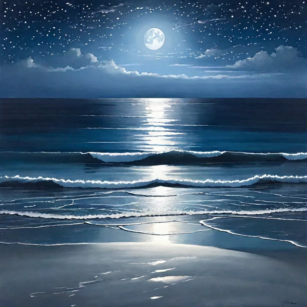 Under the serene glow of a full moon, a tranquil sea stretches out into the horizon. The moonlight casts a silver sheen over the gentle ripples of the water, creating a shimmering path that seems to lead to the moon itself. Soft waves lap at the shore, whispering secrets to the night. In the distance, silhouettes of small islands and rocks break the smooth line of the horizon. The sky is clear, with stars scattered like diamonds. This peaceful nocturnal seascape exudes calm and quiet beauty, inviting contemplation and a sense of wonder.