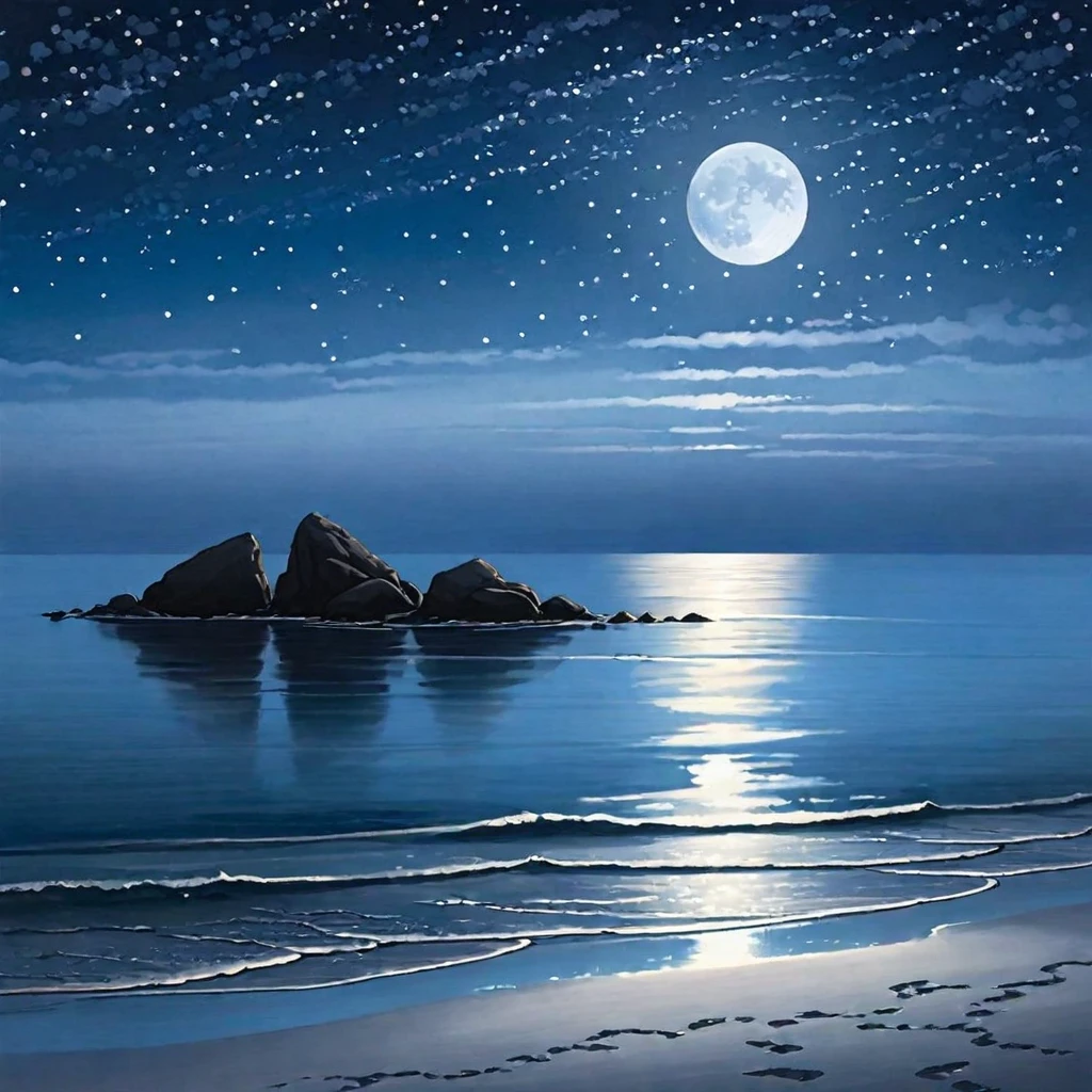 Under the serene glow of a full moon, a tranquil sea stretches out into the horizon. The moonlight casts a silver sheen over the gentle ripples of the water, creating a shimmering path that seems to lead to the moon itself. Soft waves lap at the shore, whispering secrets to the night. In the distance, silhouettes of small islands and rocks break the smooth line of the horizon. The sky is clear, with stars scattered like diamonds. This peaceful nocturnal seascape exudes calm and quiet beauty, inviting contemplation and a sense of wonder.