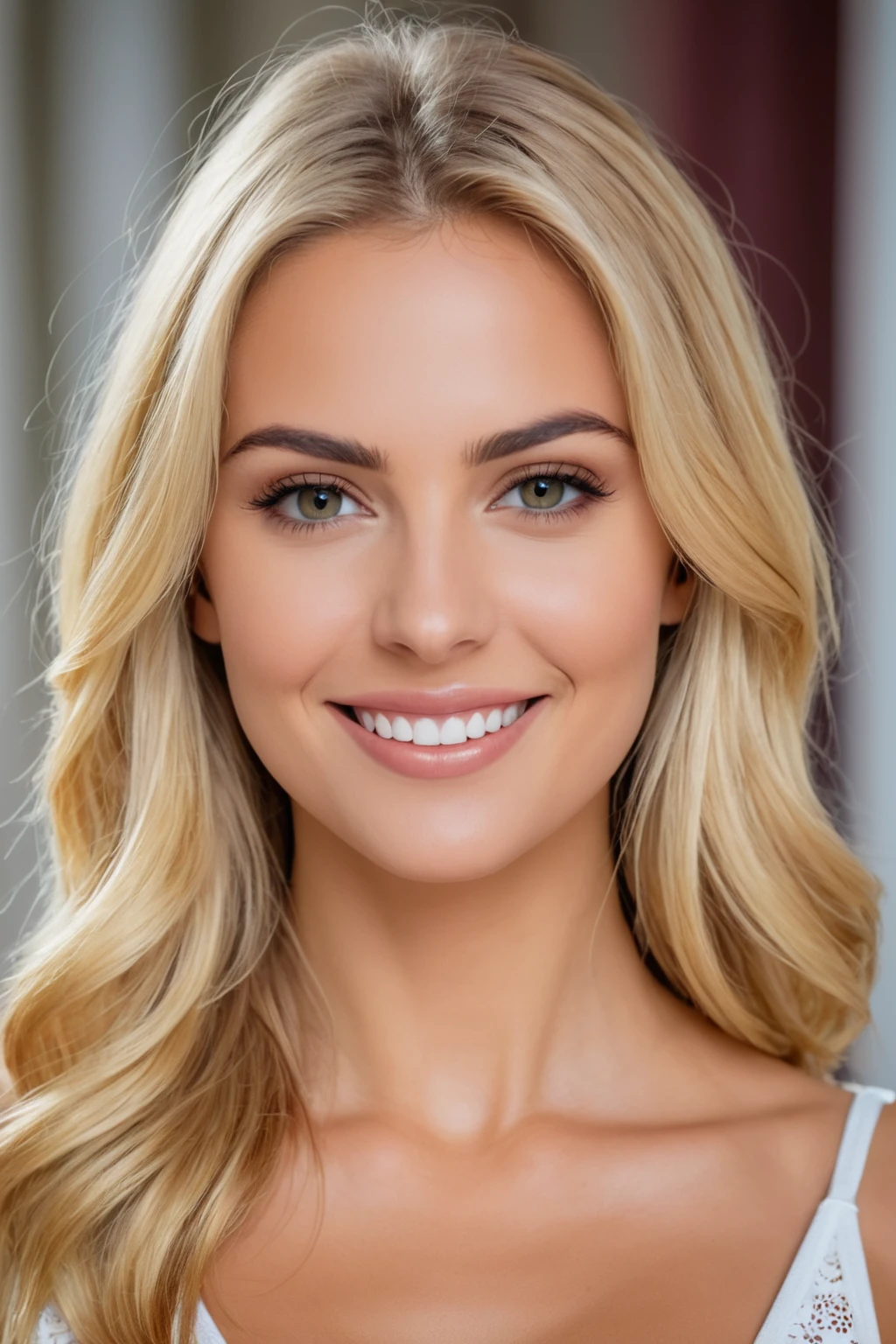a woman in white lingerie, sandals, lifting her hands up, slender fit body, tanned skin, brunette hair, beautiful detailed face, perfect smile, photorealistic, high quality, cinematic lighting, 8k, hyperrealistic, detailed skin texture, realistic clothing folds, warm color tone, natural lighting