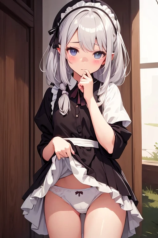 Maid clothes、Elf、Gray Hair、(Two knots:1.6), (Beautiful girl:1.4)、White Panties、solo、Looking at the camera、From below、myself/Skirt Lift、Skirt with movement、sheer panty elting panties、Thin panties、Ultra-high resolution、(Sweaty)、Spread your legs、juice、Waist close-up、throw、(blush:1.4)、(shame:1.4)、Pull up your skirt
