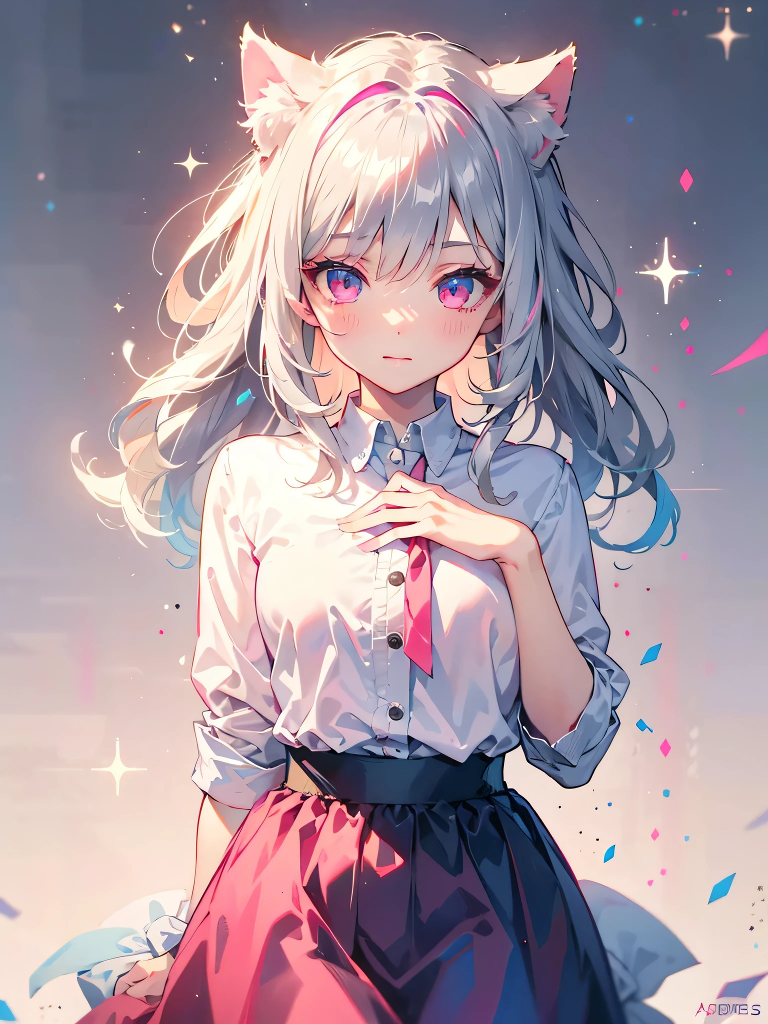 Highly detailed face,fine grain,Sparkling eyes,Highlighted eyes,Medium chest,pretty girl, Longing eyes,Cat ear, Beautiful silver hair,Pink inside,Beautiful pink eyes,Oversized shirt,skirt