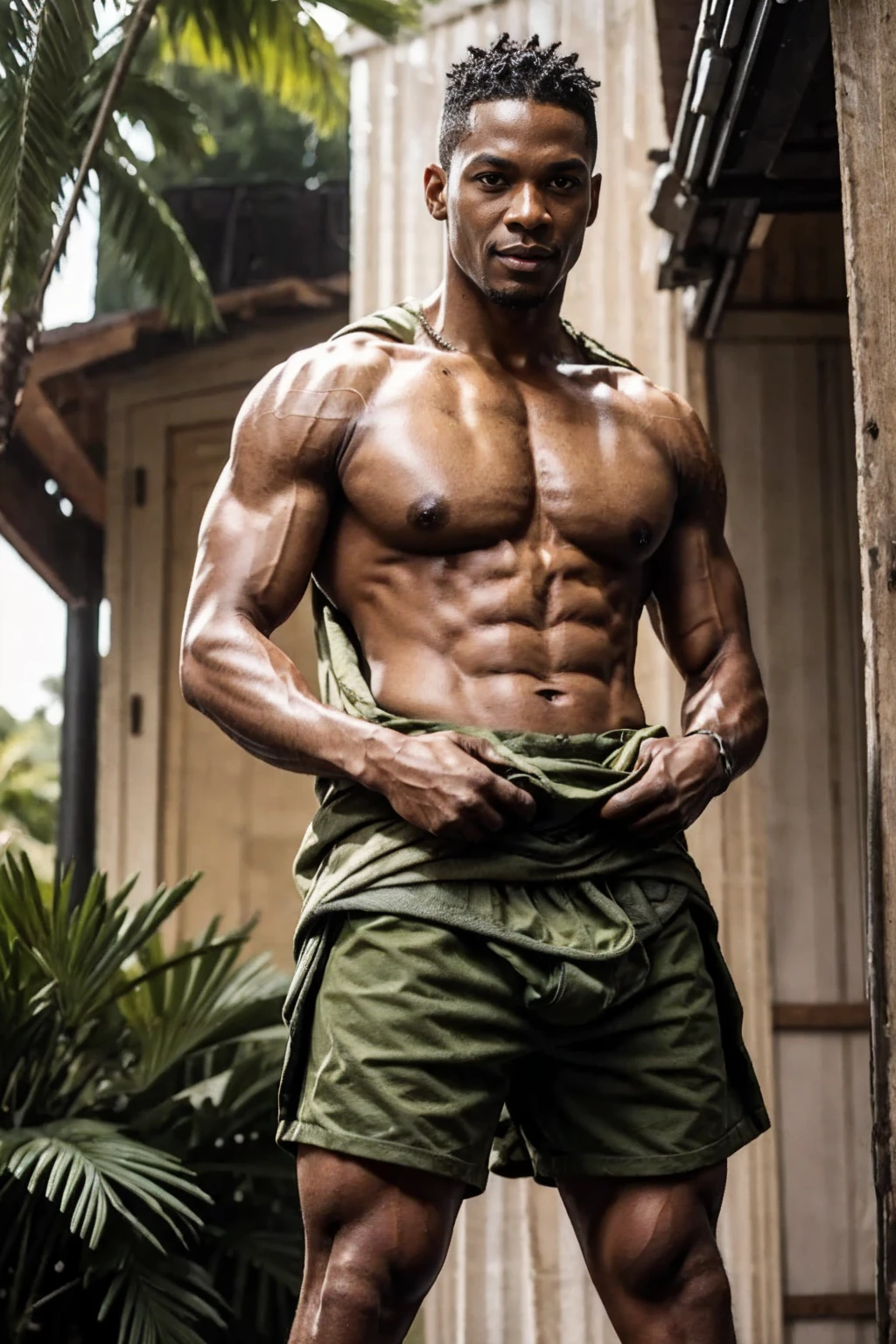 Jamaican Man,perfect body,Sport and Skinny boy body, 18 years old,Handsome face,Smiling face, good mood.,Jamaican nationalityJamaican ethnicity,Jamaican skin color,ฺฺBlack hair color,realistic hair color,Buzz Cut Hair style,(Best quality, 8k, Masterpiece).,highest detail, superior quality, natural lighting, beautiful, sexy, correct anatomy, good composition,realistic shapes, realistic skin tones,Natural eyes,realistic eyes,looking up at viewer,Realistic convex crotch,Prominent crotch,huge crotch,tight crotch,vpl,realistic muscles,Realistic wrinkles on the skin,Realistic arms and legs,Realistic face,realistic hair,Make a sexy and seductive face, man focus,amazing composition, front view, HDR, volumetric lighting, ultra quality, elegant,He was wearing tight Yellow and Dark Green Calvin Klein underwear and curved legs.,Post a erotic photoshoot,Realistic pose,He is standing in the Caribbean-style backyard of a Jamaican home.,The background is the Caribbean-style backyard of a Jamaican home.,realistic background.,detailed hair,full body,Fujifilm XT3 photorealistic art by midjourney