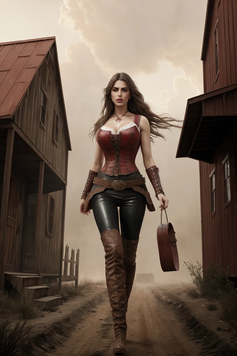 circa 1880s full body western cowboy woman, long brown straight hair, brown eyes, high arched eyebrows, long graceful neck, red lips, large breasts, tight brown leather pants, sleeveless brown leather vest, leather western boots, deserted uninhabited North American small town walking on a dusty sandy street with the wind blowing her hair, realistic, photorealistic, photorealistic, horror, dark and gloomy atmosphere with dramatic lighting, dull reddish colors, Foggy environment, detailed facial expressions, Horrible fog