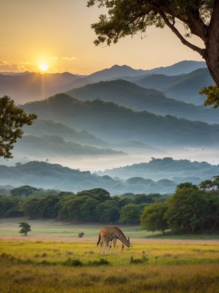 Animals playing in the wide grassland、animal paradise、giraffe、lion、Cheetah、Antelope、zebra、an eagle is flying in the sky、elephant、I can see some green trees、I can see the hut、sunset、A small mountain range in the distance、High color rendering、high detail、Like the photo、(In the center, a super cute Japanese girl is standing with a smile.)