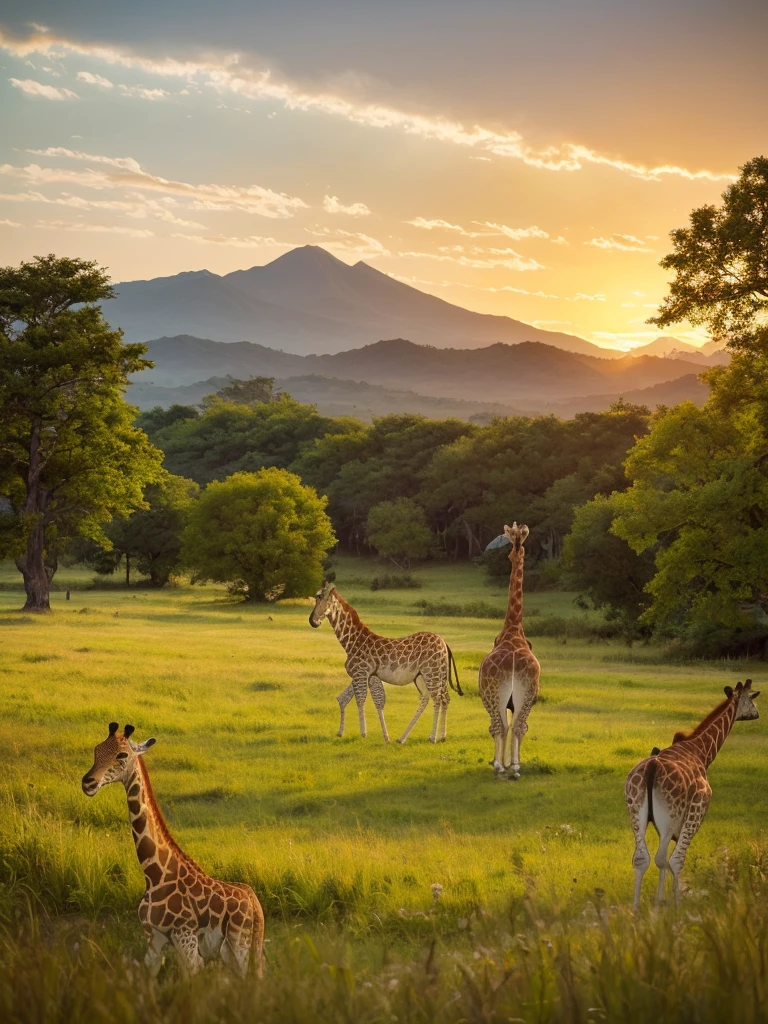 Animals playing in the wide grassland、animal paradise、giraffe、lion、Cheetah、Antelope、zebra、an eagle is flying in the sky、elephant、I can see some green trees、I can see the hut、sunset、A small mountain range in the distance、High color rendering、high detail、Like the photo、(In the center, a super cute Japanese girl is standing with a smile.)