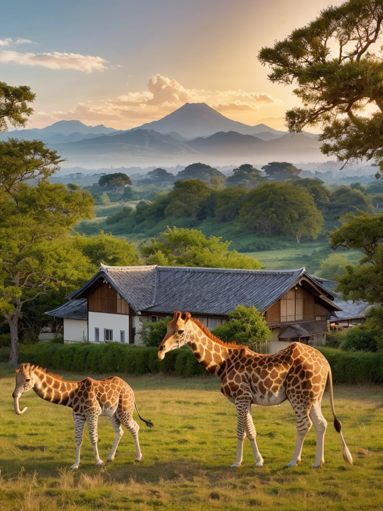 Animals playing in the wide grassland、animal paradise、giraffe、lion、Cheetah、Antelope、zebra、an eagle is flying in the sky、elephant、I can see some green trees、I can see the hut、sunset、A small mountain range in the distance、High color rendering、high detail、Like the photo、(In the center, a super cute Japanese girl is standing with a smile.)