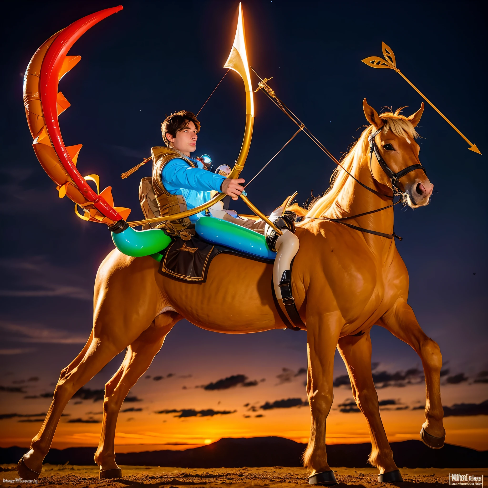 araffe inflatable costume with bow and arrow on a horse, adam driver as a centaur warrior, man in horse costume, centaur horse, a centaur, centaur, man turning into pony, male centaur centaur chimera, centaur from greek mythology, astronaut centaur, high quality costume, pony, archer, ron, human dressed as a bull