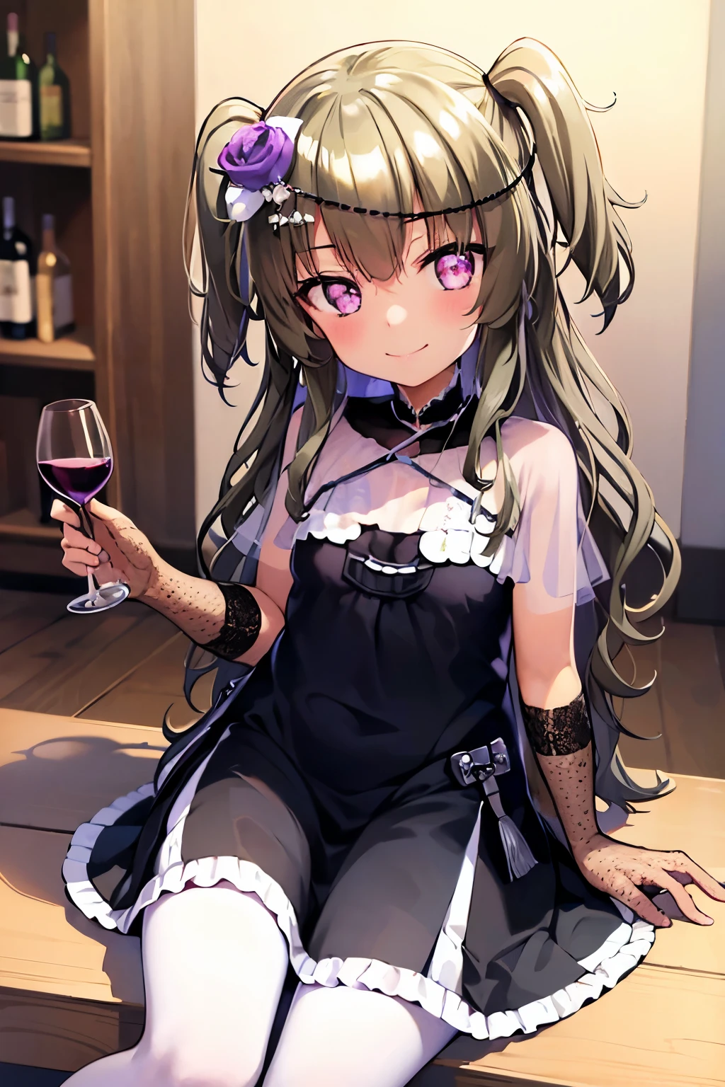 Himari Mei, masterpiece, li, cute, flat chest, cute and shy smile, highly detailed sparkling brilliant purple eyes, black dress, perfect body, full body, head tilt, sitting, in bar, drinking wine