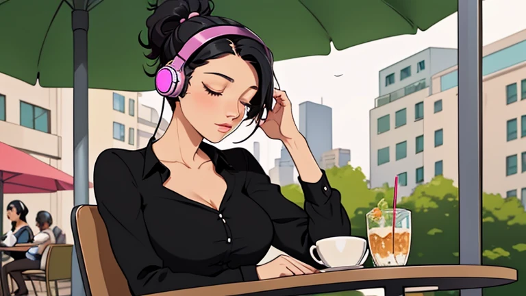 Beautiful woman in her 30s with black hair up is sitting with headphones on the cafe terrace. Looking down, eyes closed, LOFI girl, alone in the room, blouse, relaxing mood, cozy, only five fingers, new york, colorful, Well-proportioned face, female Beautiful fingers