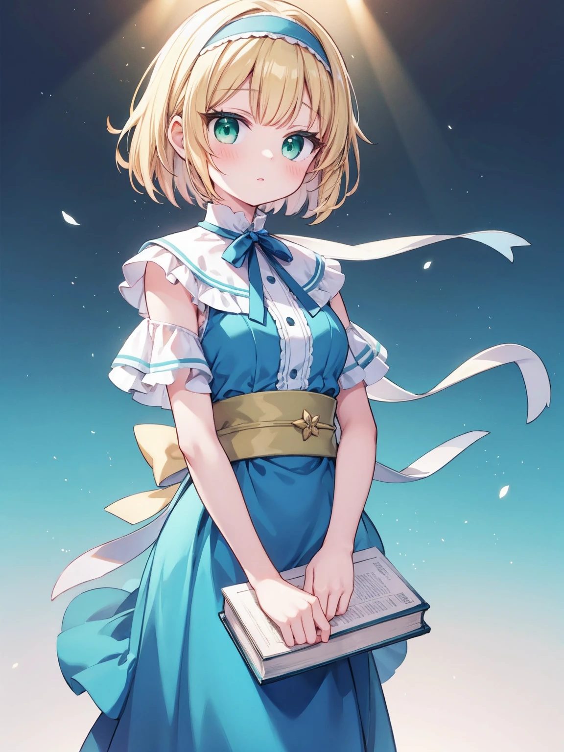 masterpiece, top quality, super detailed, CG illustration, high resolution, better lighting, best shadows, very delicate and beautiful, proper shading, hd, 8k,alice margatroid, 1girl, solo, looking at viewer, short hair, blonde hair, simple background, white background, dress, green eyes, hairband, aqua eyes, book, sash, capelet, blue dress