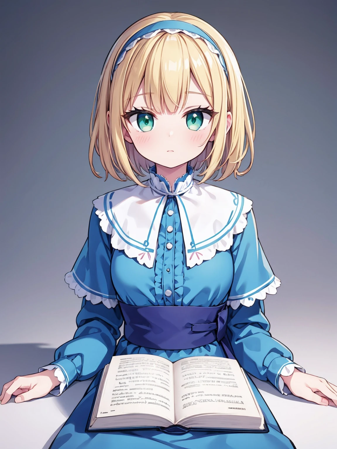 masterpiece, top quality, super detailed, CG illustration, high resolution, better lighting, best shadows, very delicate and beautiful, proper shading, hd, 8k,alice margatroid, 1girl, solo, looking at viewer, short hair, blonde hair, simple background, white background, dress, green eyes, hairband, aqua eyes, book, sash, capelet, blue dress