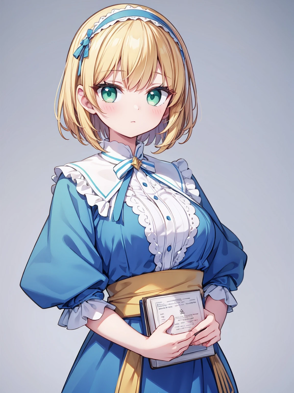 masterpiece, top quality, super detailed, CG illustration, high resolution, better lighting, best shadows, very delicate and beautiful, proper shading, hd, 8k,alice margatroid, 1girl, solo, looking at viewer, short hair, blonde hair, simple background, white background, dress, green eyes, hairband, aqua eyes, book, sash, capelet, blue dress