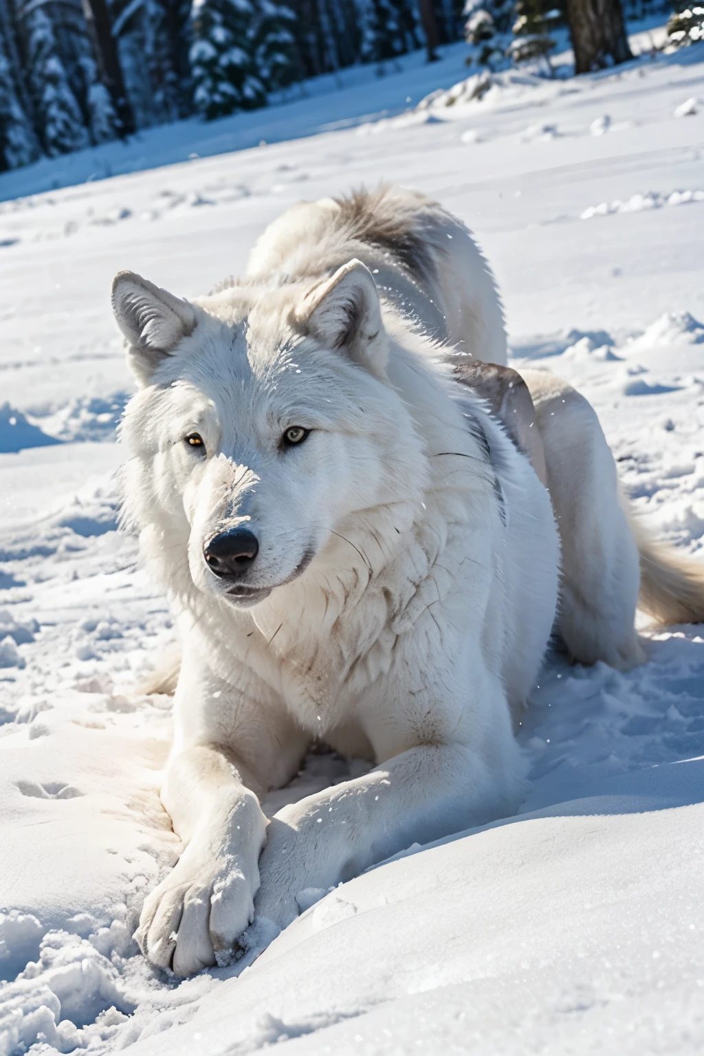 Huge white wolf laying on snow.