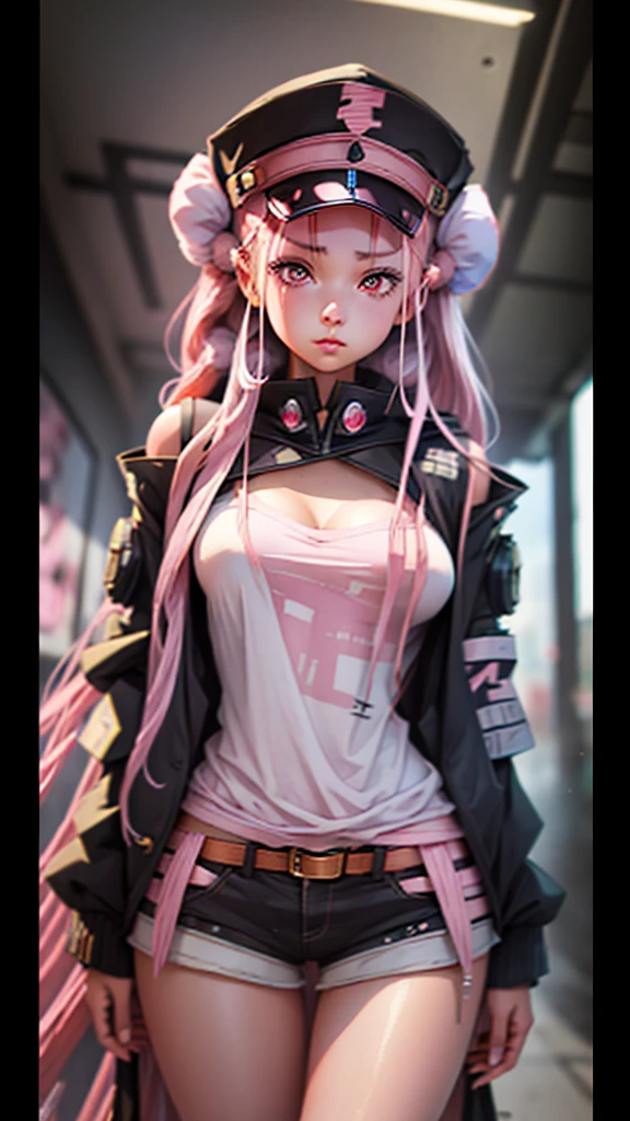 Beautiful woman medium hair, Wearing a hat, Cyberpunk Shorts,masterpiece, Highest quality, High resolution, (An illustration),{Detailed and beautiful eyes}, finely,  Detailed and beautiful eyes,Pink Eyes,(((Long pink hair))),(Small breasts),Kunimi Tama,