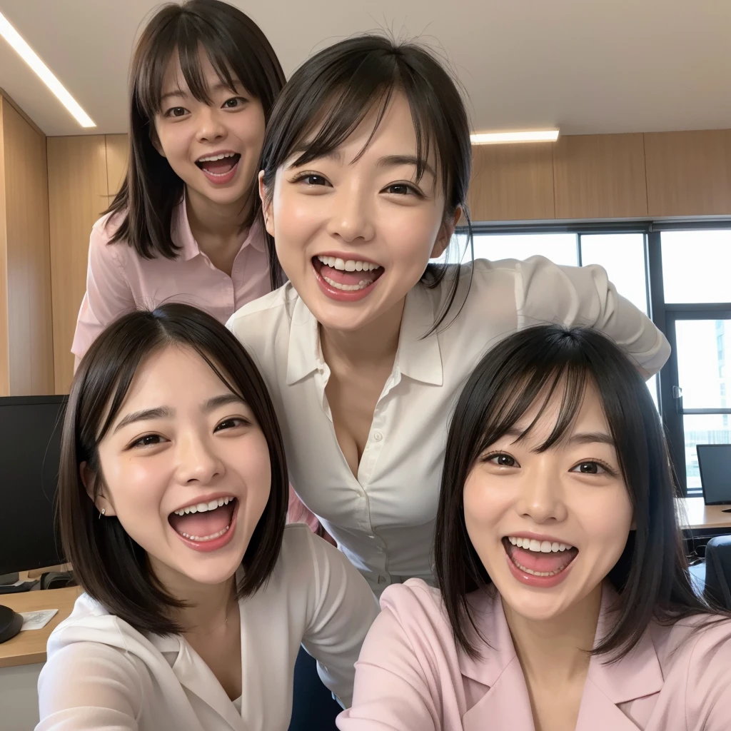 Laughing Japanese office lady、office、masterpiece, Highest quality, Photorealistic、Laughing with your mouth open、Smiling at the camera