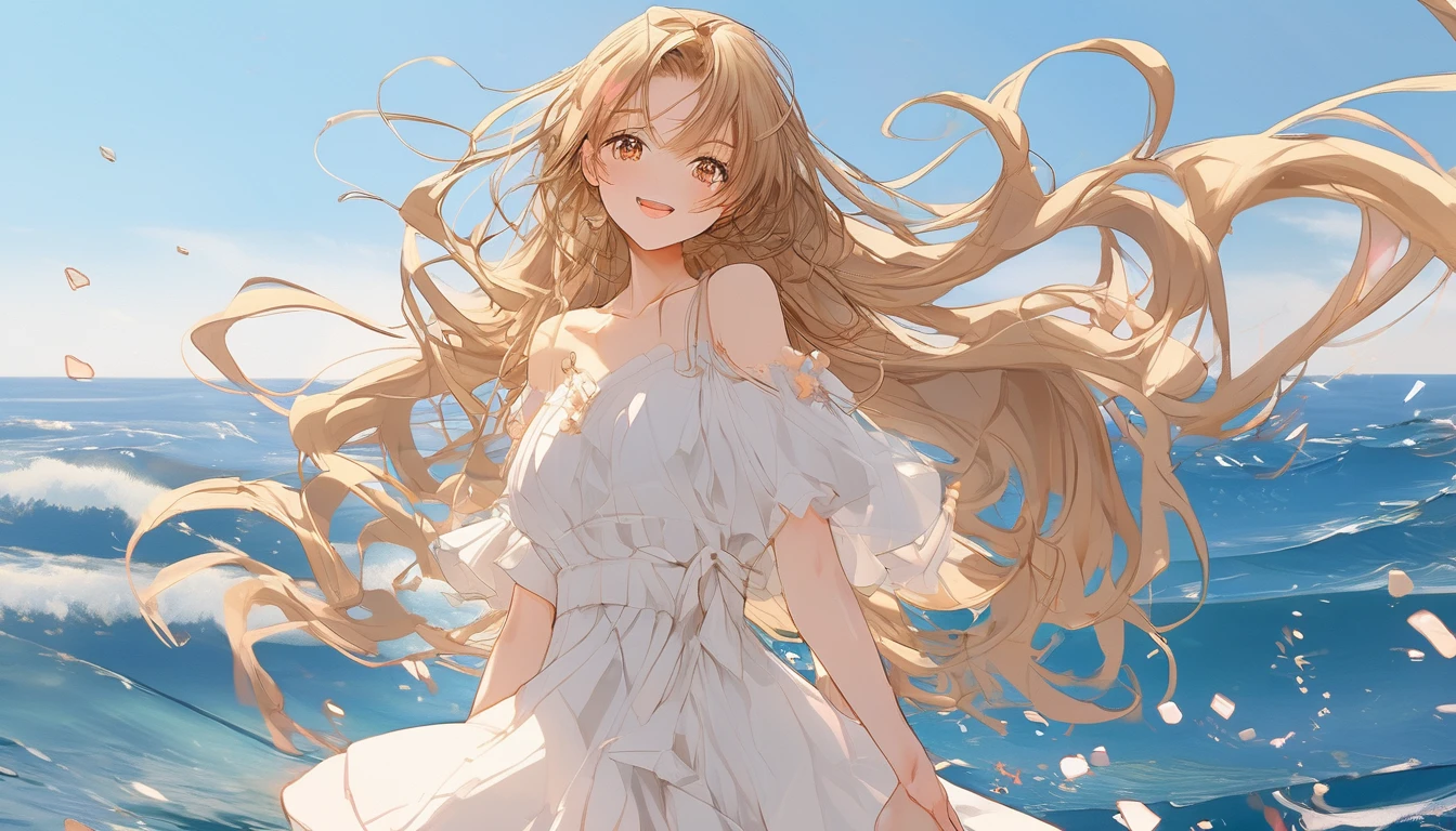 Beautiful face girl、Blonde long hair、Smiling with teeth showing、The wind is blowing, Ocean view background、Very deep background、Golden Ratio、Golden Ratio、Brown Hair, Brown eyes, Pink Mesh, Ocean, Low - Angle, Vibrant colors, White Dress, Paint splashes, Simple Background, Ray Tracing, long wavy hair、masterpiece、Super detailed、8K