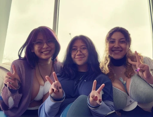 three women sitting on a couch peace signs with their hands, photo taken in 2 0 2 0, profile pic, very very low quality picture, low quality grainy, low quality photo, very grainy, taken in 2 0 2 0, annoying sister vibes, peace sign, low quality photograph, older sister vibes, grainy low quality, childhood friend vibes, , Big , huge , , sexy, cute, wide hips, thick thighs, pear-shaped body, minimal clothes, thick, , chubby stomach, thick , , large , hard , piercing through shirt,  hard through shirt, chubby stomach showing, tummy spilling over the side, muffin top, the girls are sexy, large  showing, huge  tits