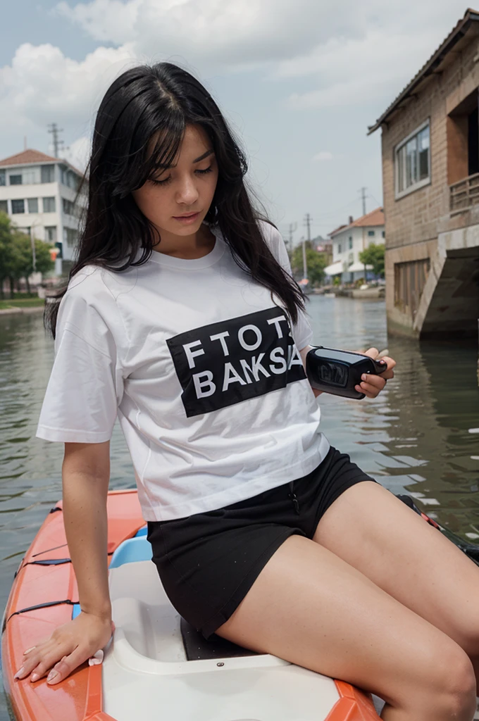 Black hair, I have a white handset , black school kayak shirt, fair skin, knee ,