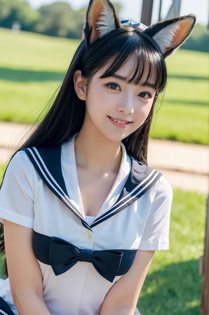 ((masterpiece)), ((best quality)), (ultra-detailed), upper body, dynamic angle, green meadow, a cute girl, solo, sailor suit, beautiful black hair, beautiful black eyes, (beautiful eyes), fox ears, light smile