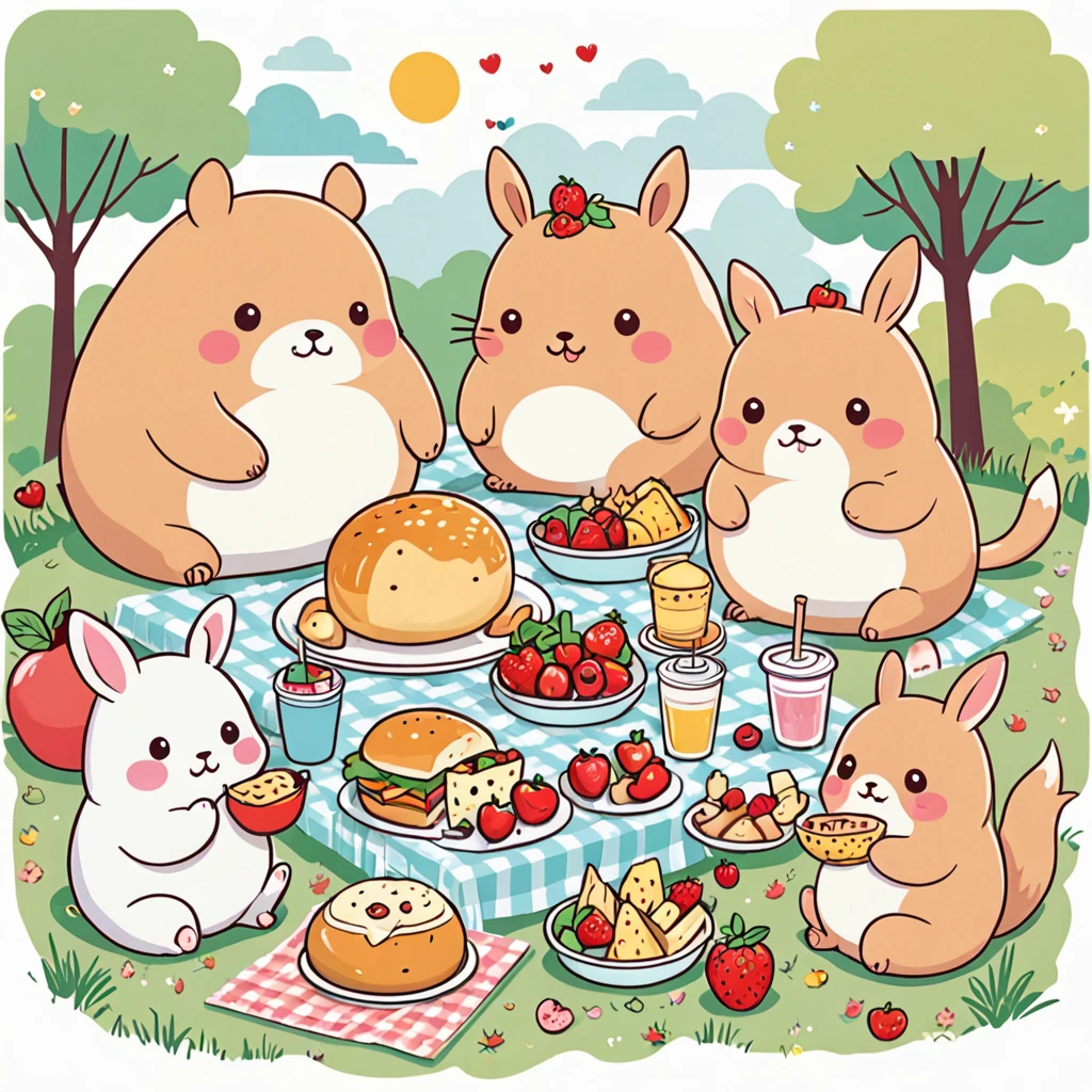 Group of cute ones, plump animals having a picnic with oversized food, kawaii style, playful and cheerful mood, soft pastel lighting. T-shirt graphic design, Vector, contour, White background.