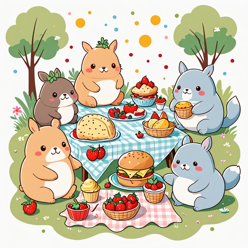 Group of cute ones, plump animals having a picnic with oversized food, kawaii style, playful and cheerful mood, soft pastel lighting. T-shirt graphic design, Vector, contour, White background.