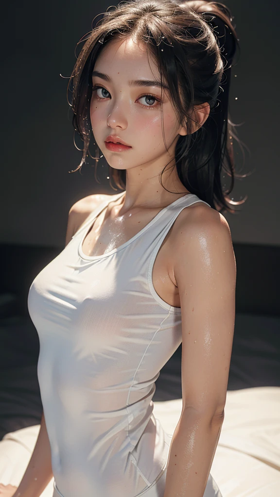 Hyper-realistic White, Wet, Tight Tank Top Portrait (1.0):
A single girl in a solo setting, showcasing her athletic physique, with a simple white tank top clinging to her body, drenched with sweat. The top, wet and sheer, accentuates her natural-looking breasts, small yet perky. Her skin, glowing and shiny, is covered in a layer of sweat, giving it an ethereal, luminescent quality. The tank top's fabric, molded to her body, reveals the gentle curves of her torso, and her black eyes, extremely detailed and mesmerizing, gaze directly at the viewer, creating an