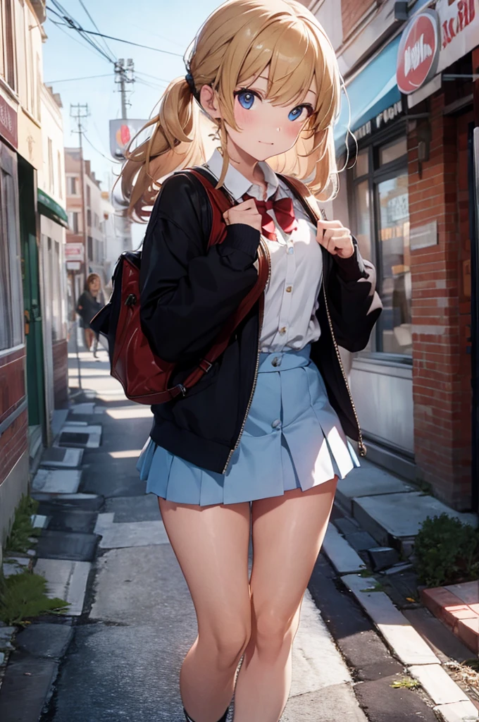 masterpiece, highest quality, High resolution, kitagawa marin sb, The centre of gravity is at the rear, 1 girl, blonde hair, long hair, colorful hair, red eyes, jewelry, earrings, earrings, , white shirt, tide shirt, black choker, blue tie, plaid skirt, (full body), Lace black vagina,(show vagina:1.3),  (no panty shot:1.3), ((the chest of the shirt is open)), outdoor, shopping