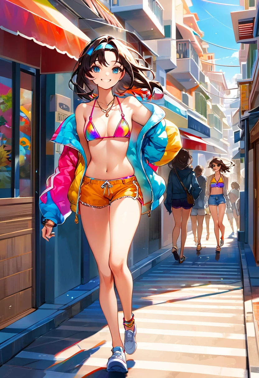  (best quality), (very aesthetic), (ultra-detailed), (best illustration),1 girl, perfect body, colorful  top, jacket, shorts, hairband, necklace, bracelets, walking, beachside streets with elaborate details, afternoon,smile