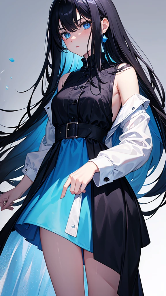 1 girl, , long black hair, blue eyes, blue dress, white skin, cold expression
