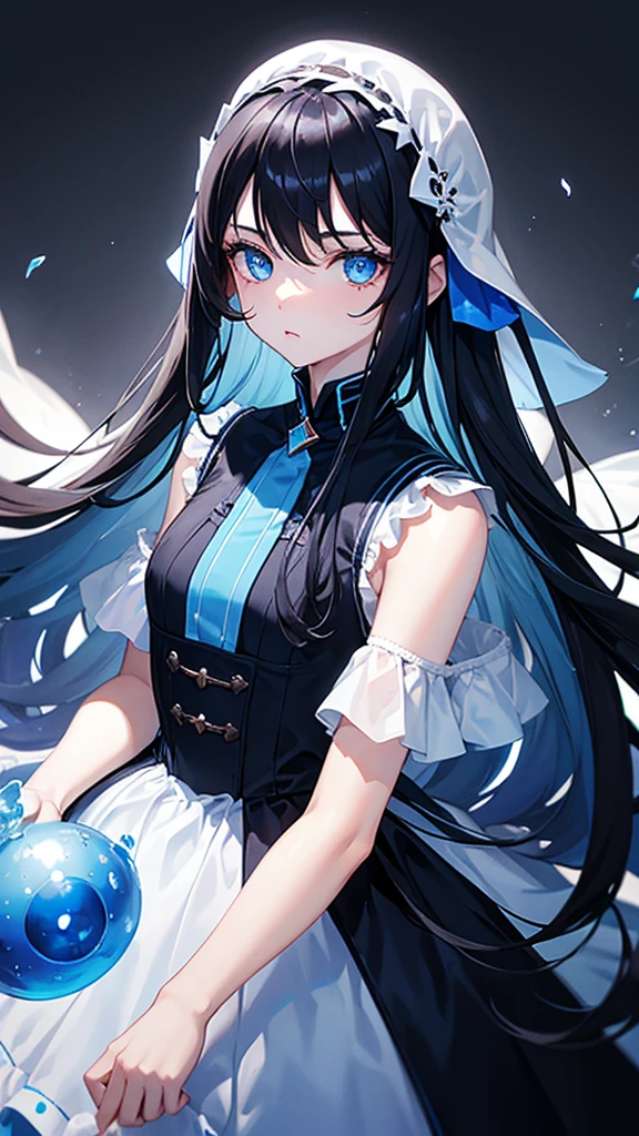 1 girl, , long black hair, blue eyes, blue dress, white skin, cold expression