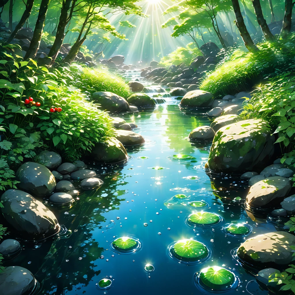 A crystal-clear mountain stream rushes over smooth rocks, its icy water reflecting the vibrant greens of the surrounding forest. Submerged in the invigorating flow are a bottle of sake, crisp cucumbers, and juicy tomatoes, their surfaces beaded with refreshing droplets. Sunlight filters through the canopy, casting playful patterns on the water and illuminating the scene with a warm, inviting glow. beautiful anime scenery, landscape painting, beautiful digital painting, andreas rocha, illustration of beautiful artwork, amazing wallpaper, raymond swanland, tall beautiful painting, studio ghibli makoto shinkai, beautiful wallpaper, anime scenery refreshing, serene, idyllic, summer, nature, no humans
