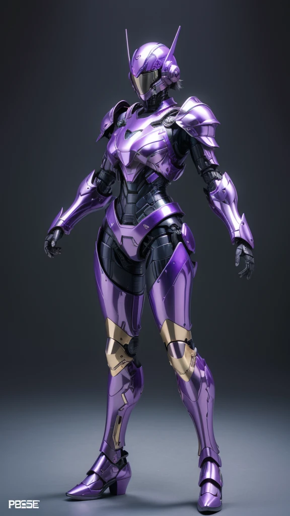female robocop solo、Armor that completely covers the whole body、very large armor、helmet to hide eyes、metallic purple armor、Armor that completely covers the chest、thin and long legs、Vibrant posel body view